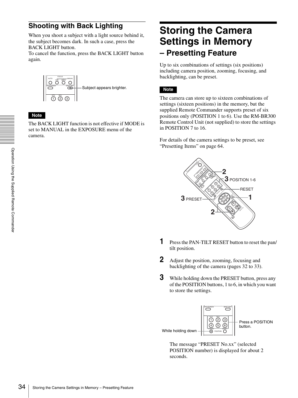 Shooting with back lighting, Presetting feature | Sony BRC-Z330 User Manual | Page 34 / 73
