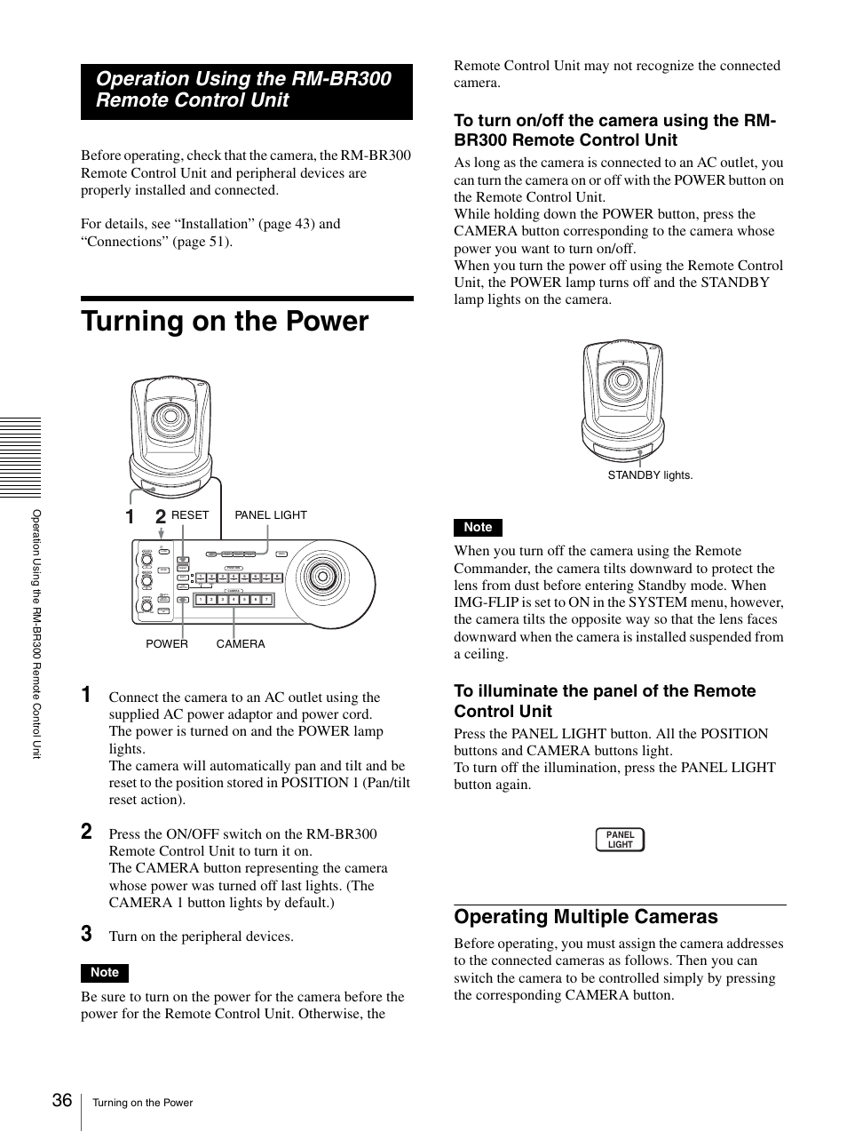 Operation using the rm-br300 remote control unit, Turning on the power, Operating multiple cameras | Turn on the peripheral devices, Panel light power camera reset standby lights | Sony BRC-Z330 User Manual | Page 36 / 73