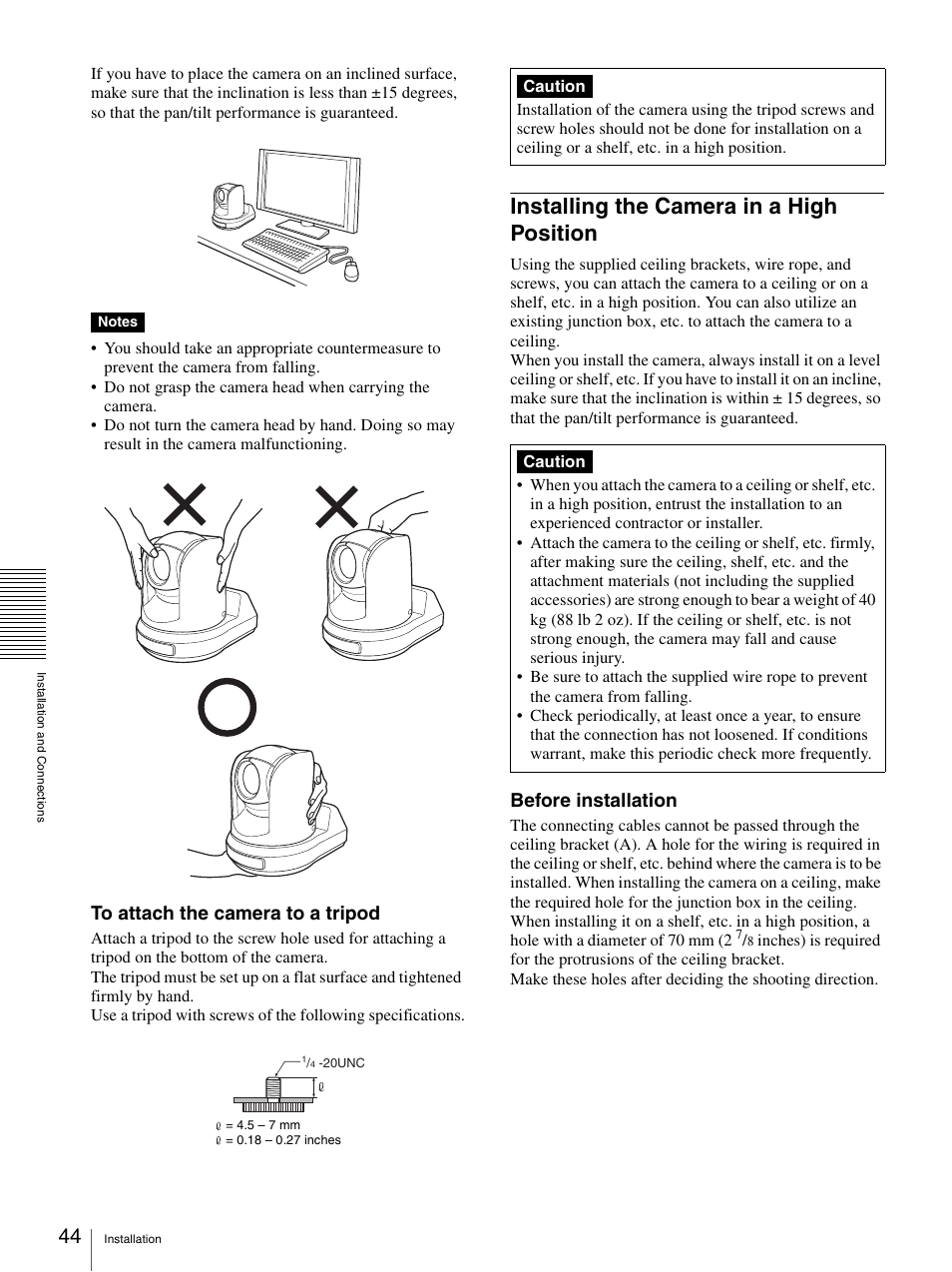 Installing the camera in a high position, Before installation | Sony BRC-Z330 User Manual | Page 44 / 73
