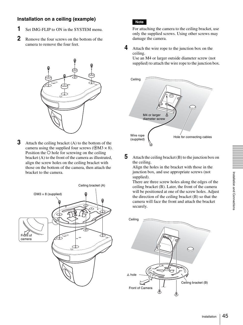 Installation on a ceiling (example) | Sony BRC-Z330 User Manual | Page 45 / 73