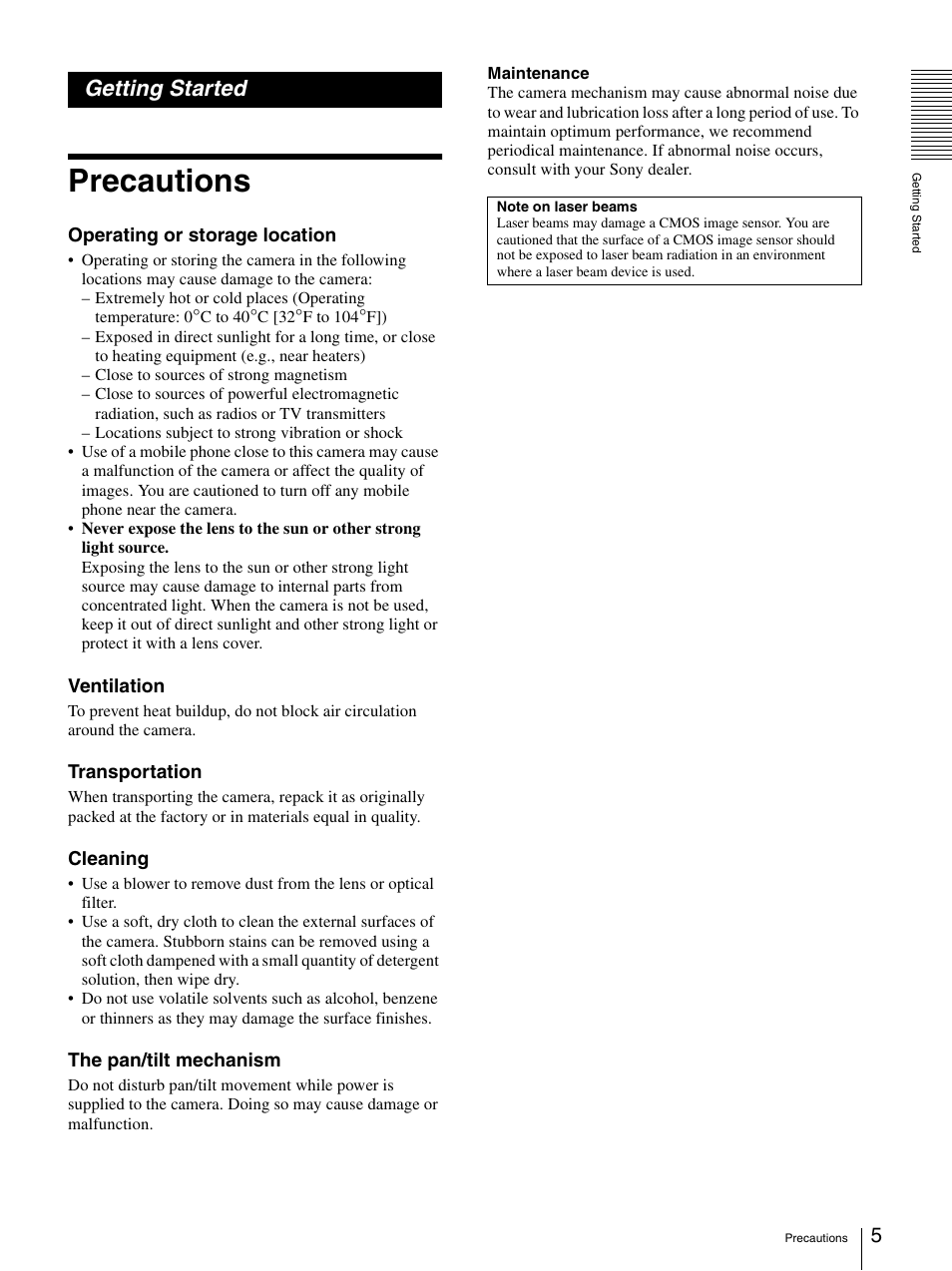 Getting started, Precautions | Sony BRC-Z330 User Manual | Page 5 / 73