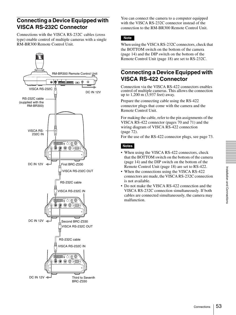 Connecting a device equipped with visca rs, 232c connector, 422 connector | Connections with the visca rs-232c | Sony BRC-Z330 User Manual | Page 53 / 73