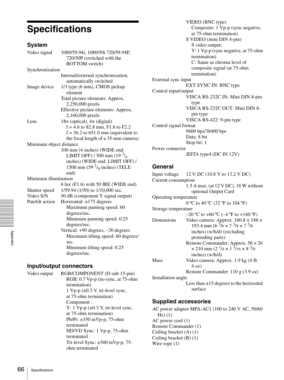 Specifications | Sony BRC-Z330 User Manual | Page 66 / 73