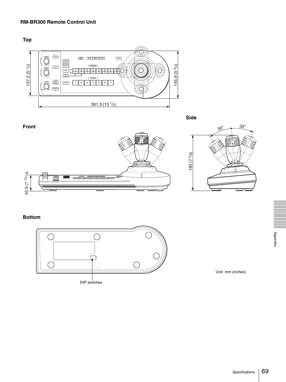 Rm-br300 remote control unit, Front bottom side top, Unit: mm (inches) | Dip switches | Sony BRC-Z330 User Manual | Page 69 / 73