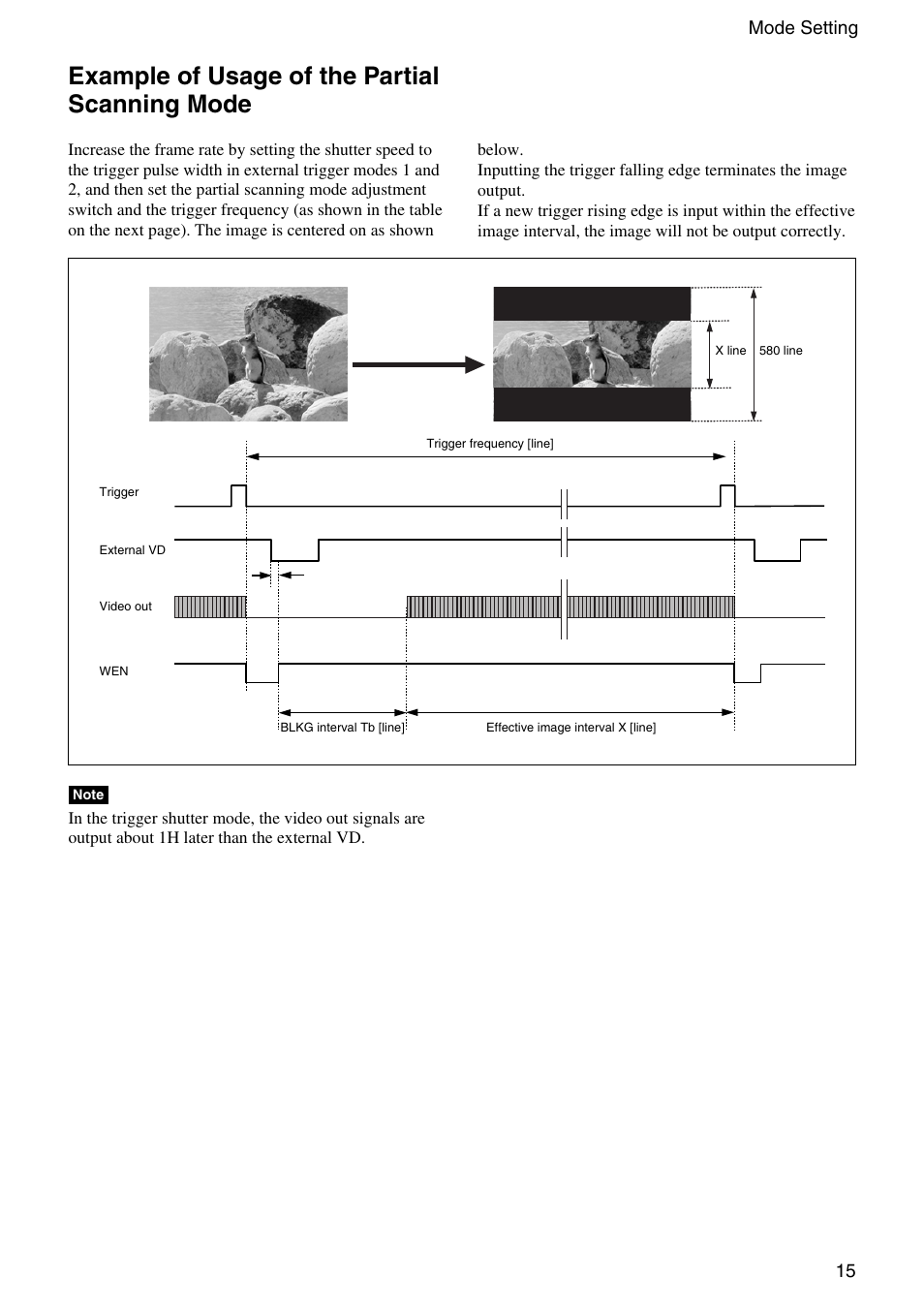 Example of the usage of the partial scanning mode, Example of the usage of the partial scanning, Mode | Example of usage of the partial scanning mode, 15 mode setting | Sony XC-HR300 User Manual | Page 15 / 31
