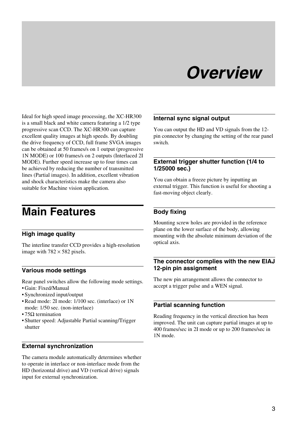 Overview, Main features | Sony XC-HR300 User Manual | Page 3 / 31