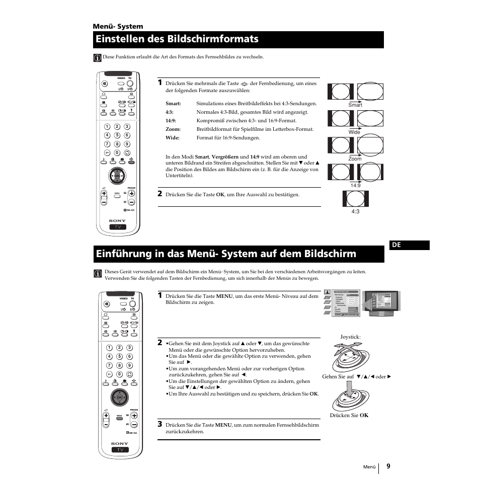 Einstellen des bildschirmformats, Einführung in das menü- system auf dem bildschirm, 9de p | Menü- system | Sony Grand Wega KF-50SX100 User Manual | Page 108 / 230