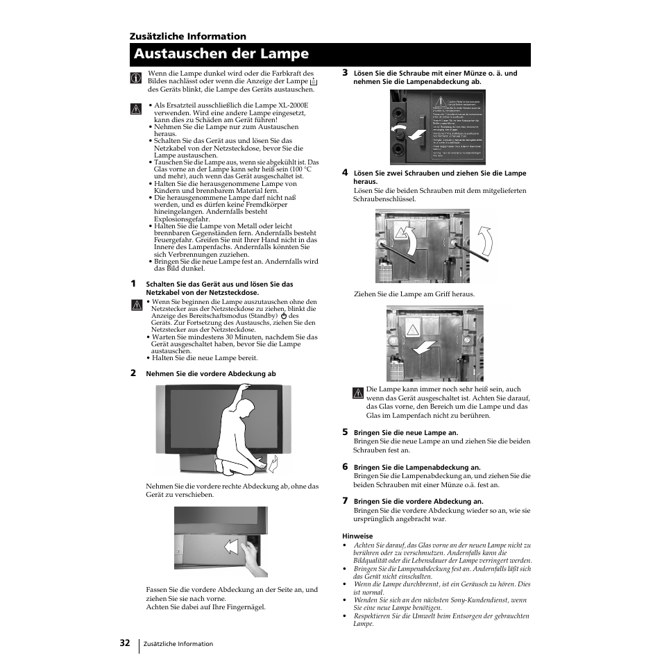 Austauschen der lampe | Sony Grand Wega KF-50SX100 User Manual | Page 131 / 230