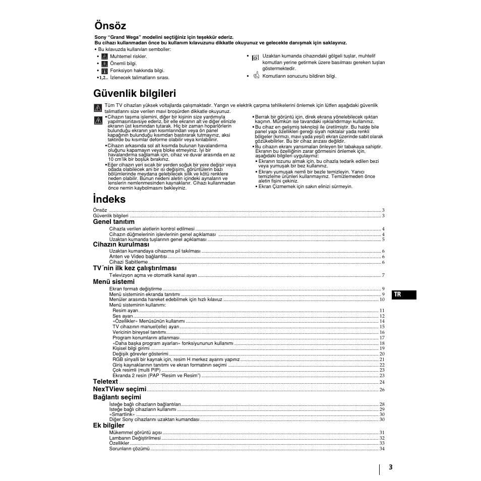 Önsöz, Güvenlik bilgileri, Wndeks | Menu k | Sony Grand Wega KF-50SX100 User Manual | Page 198 / 230