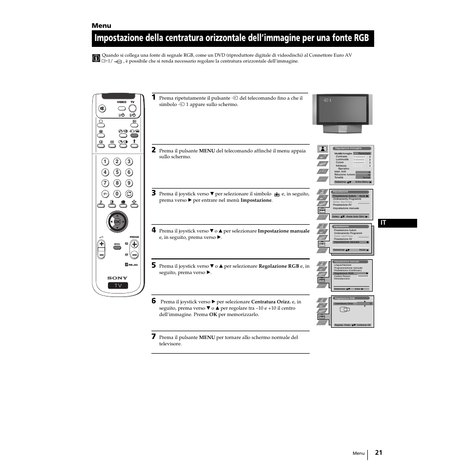21 it, Menu | Sony Grand Wega KF-50SX100 User Manual | Page 88 / 230