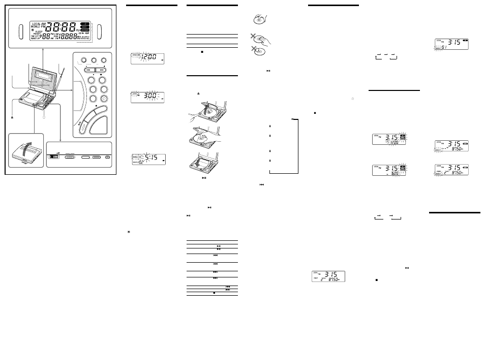 Setting the clock, Playing the radio, Setting the alarm | Changing am channel step, Playing a cd, Other useful functions | Sony ICF-CD2000 User Manual | Page 2 / 2