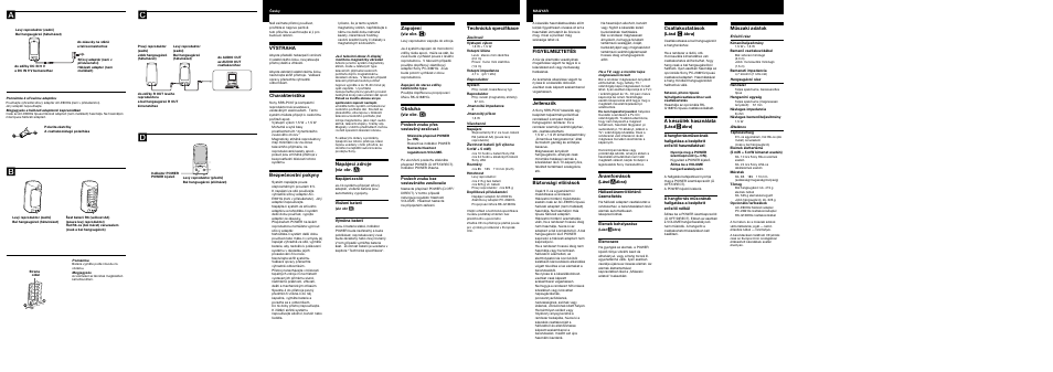 Výstraha, Charakteristika, Bezpečnostní pokyny | Napájecí zdroje, Zapojení, Obsluha, Figyelmeztetés, Jellemzők, Biztonsági előírások, Áramforrások | Sony SRS-PC37 User Manual | Page 2 / 2