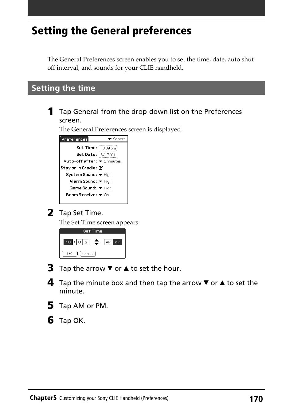 Setting the general preferences, Setting the time, General preferences | Time | Sony PEG-N710C User Manual | Page 170 / 218