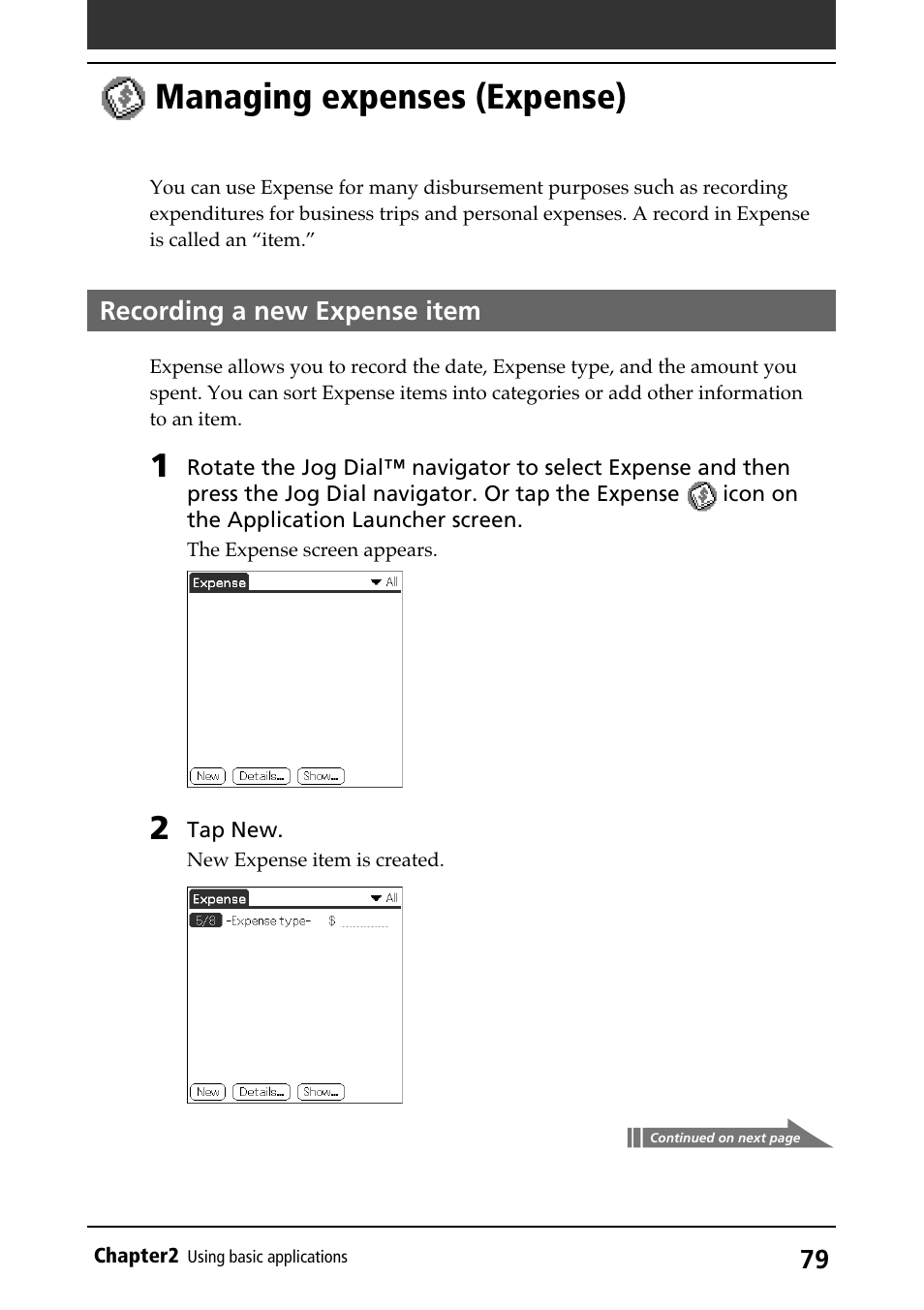 Managing expenses (expense), Recording a new expense item, Recording new items | Expense, Managing expenses, Expense) | Sony PEG-N710C User Manual | Page 79 / 218