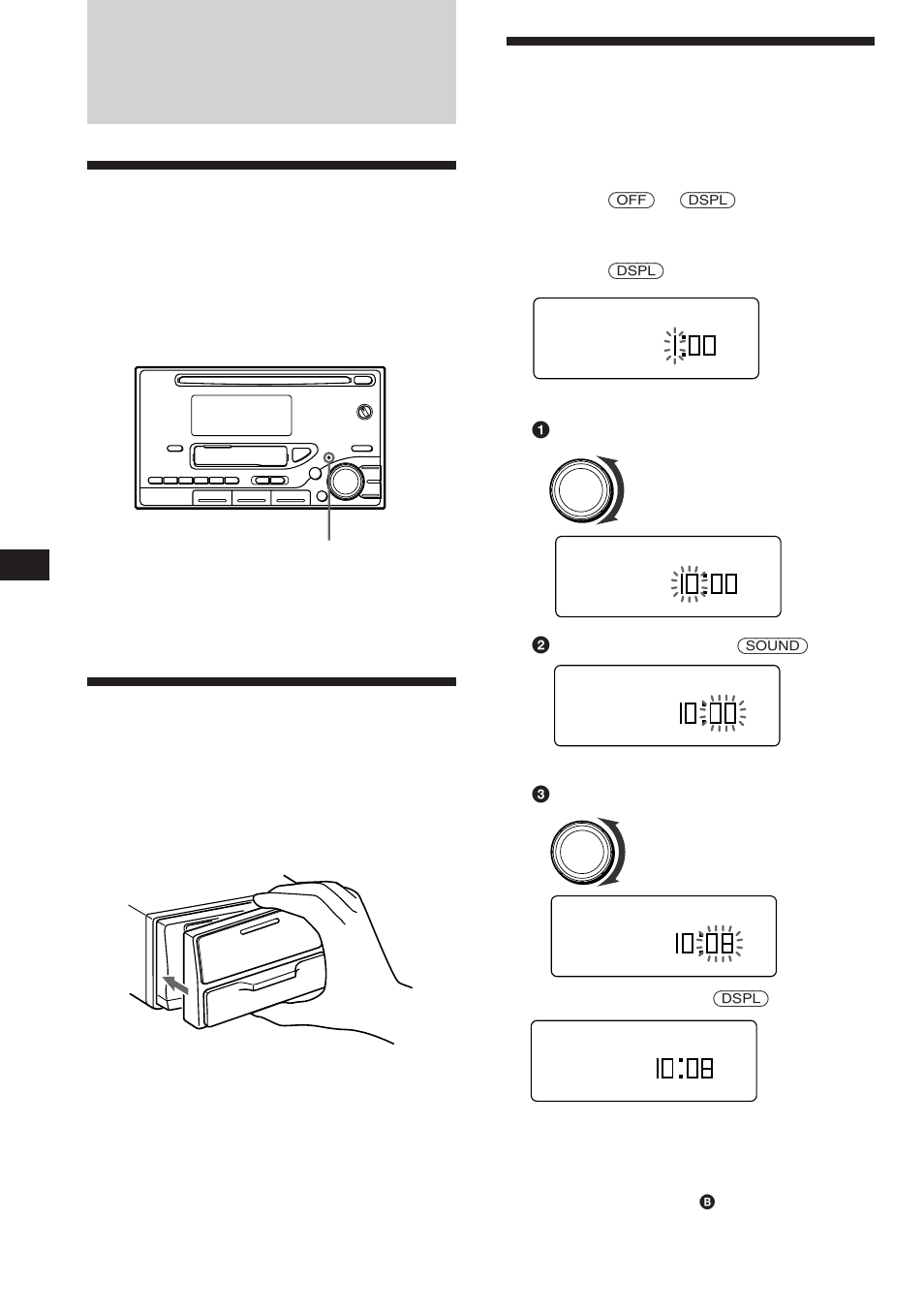 Procedimientos iniciales, Restauración de la unidad, Uso de la cubierta de camuflaje | Puesta en hora del reloj | Sony WX-C570 User Manual | Page 22 / 38