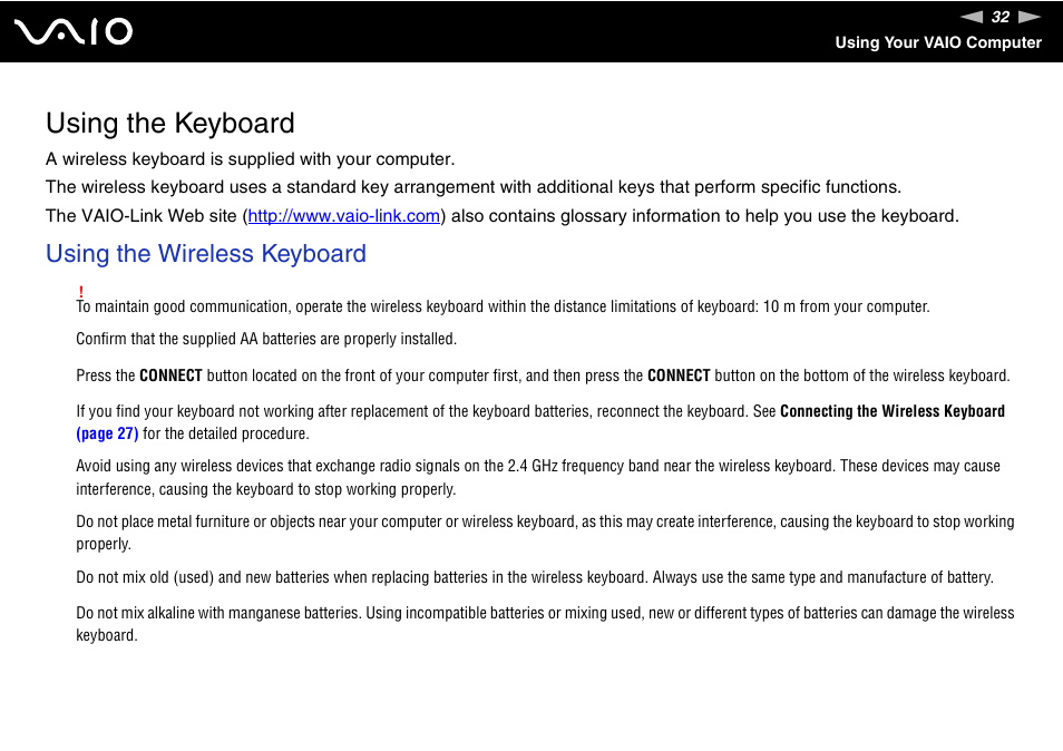 Using the keyboard, Using the wireless keyboard | Sony VAIO VGX-TP User Manual | Page 32 / 155