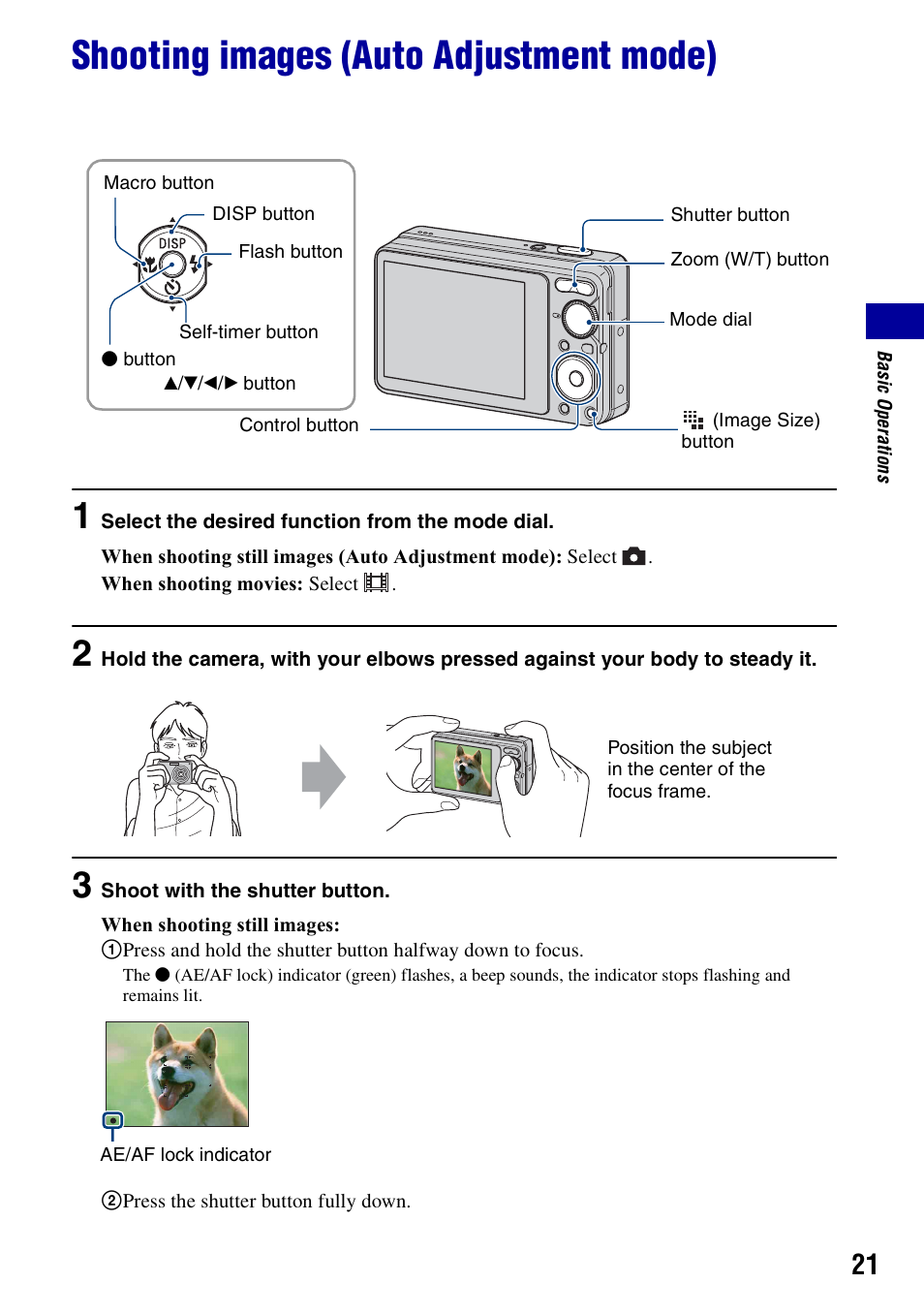 Shooting images (auto adjustment mode) | Sony Cyber-shot 4-121-439-11(1) User Manual | Page 21 / 107