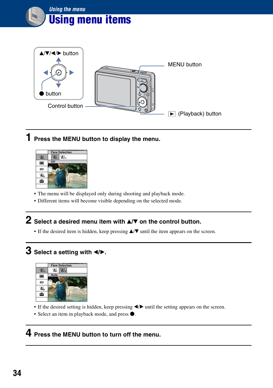 Using the menu, Using menu items | Sony Cyber-shot 4-121-439-11(1) User Manual | Page 34 / 107