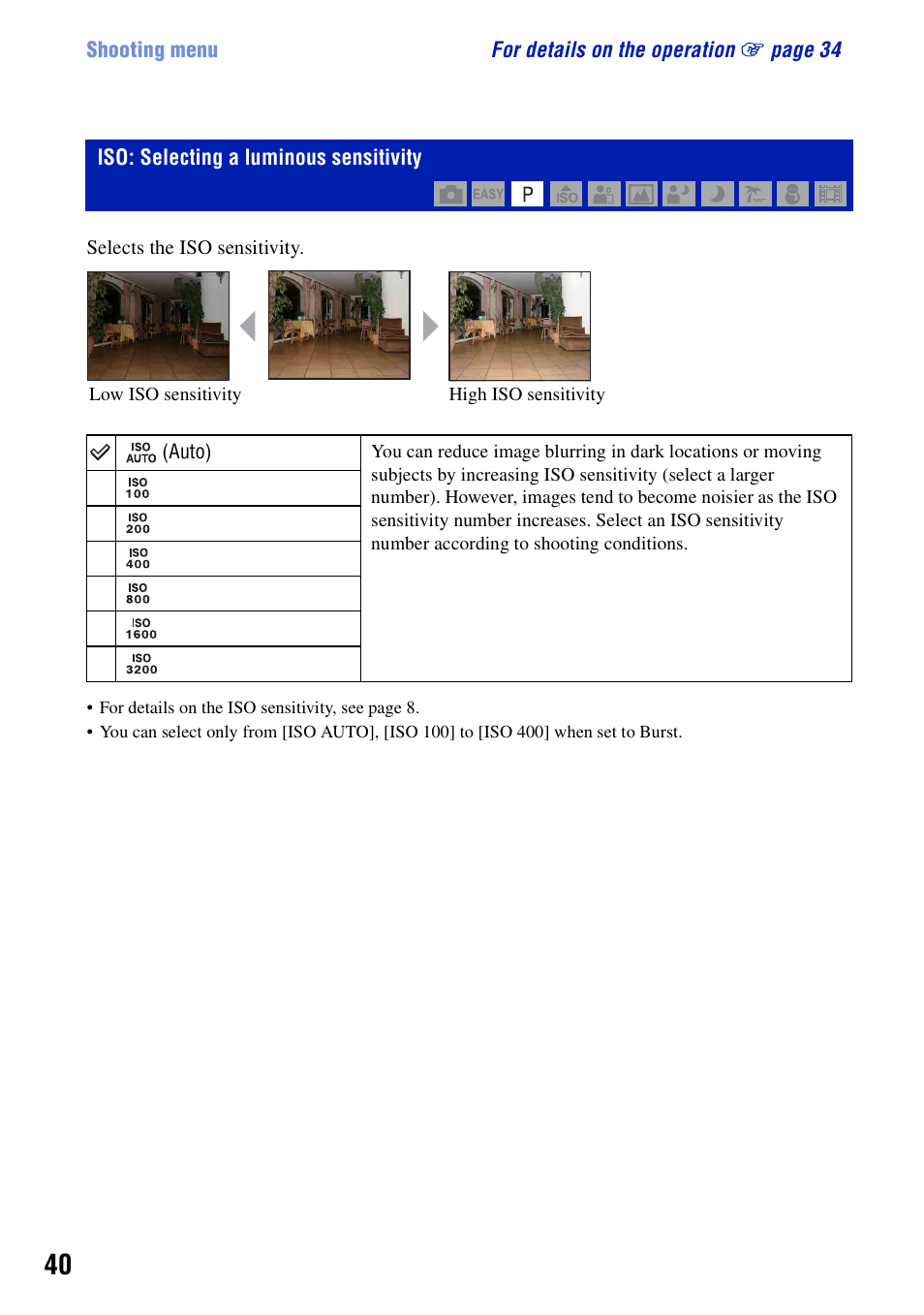 Iso: selecting a luminous sensitivity | Sony Cyber-shot 4-121-439-11(1) User Manual | Page 40 / 107