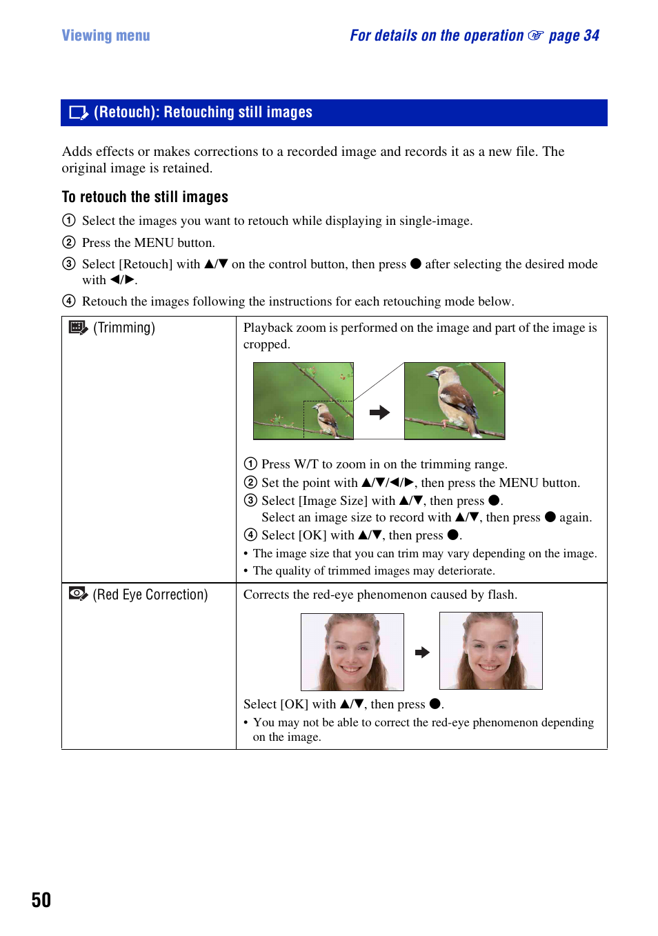Retouch): retouching still images | Sony Cyber-shot 4-121-439-11(1) User Manual | Page 50 / 107