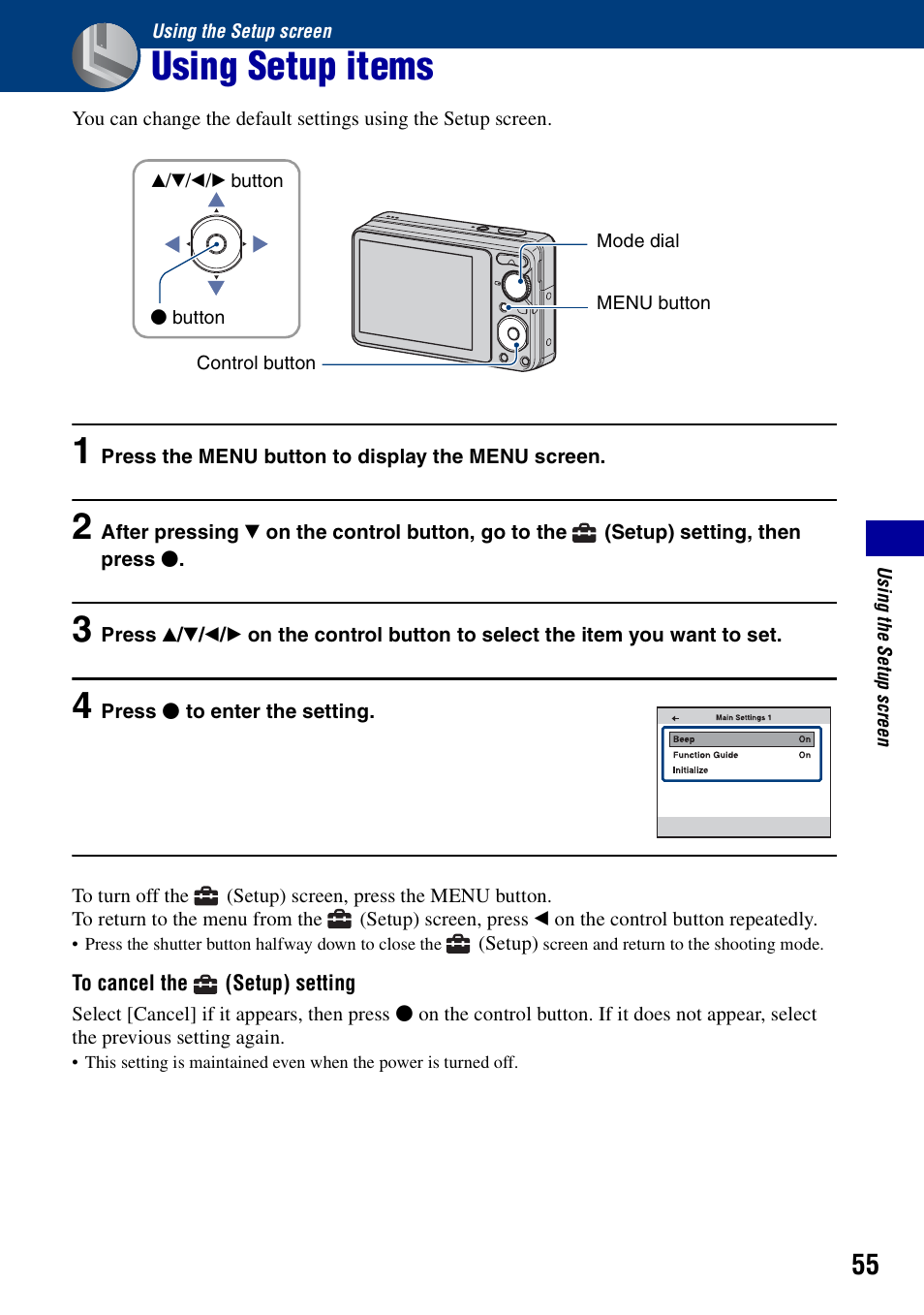Using the setup screen, Using setup items | Sony Cyber-shot 4-121-439-11(1) User Manual | Page 55 / 107
