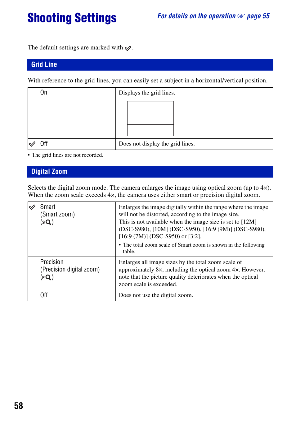 Shooting settings, Grid line, Digital zoom | Grid line digital zoom | Sony Cyber-shot 4-121-439-11(1) User Manual | Page 58 / 107