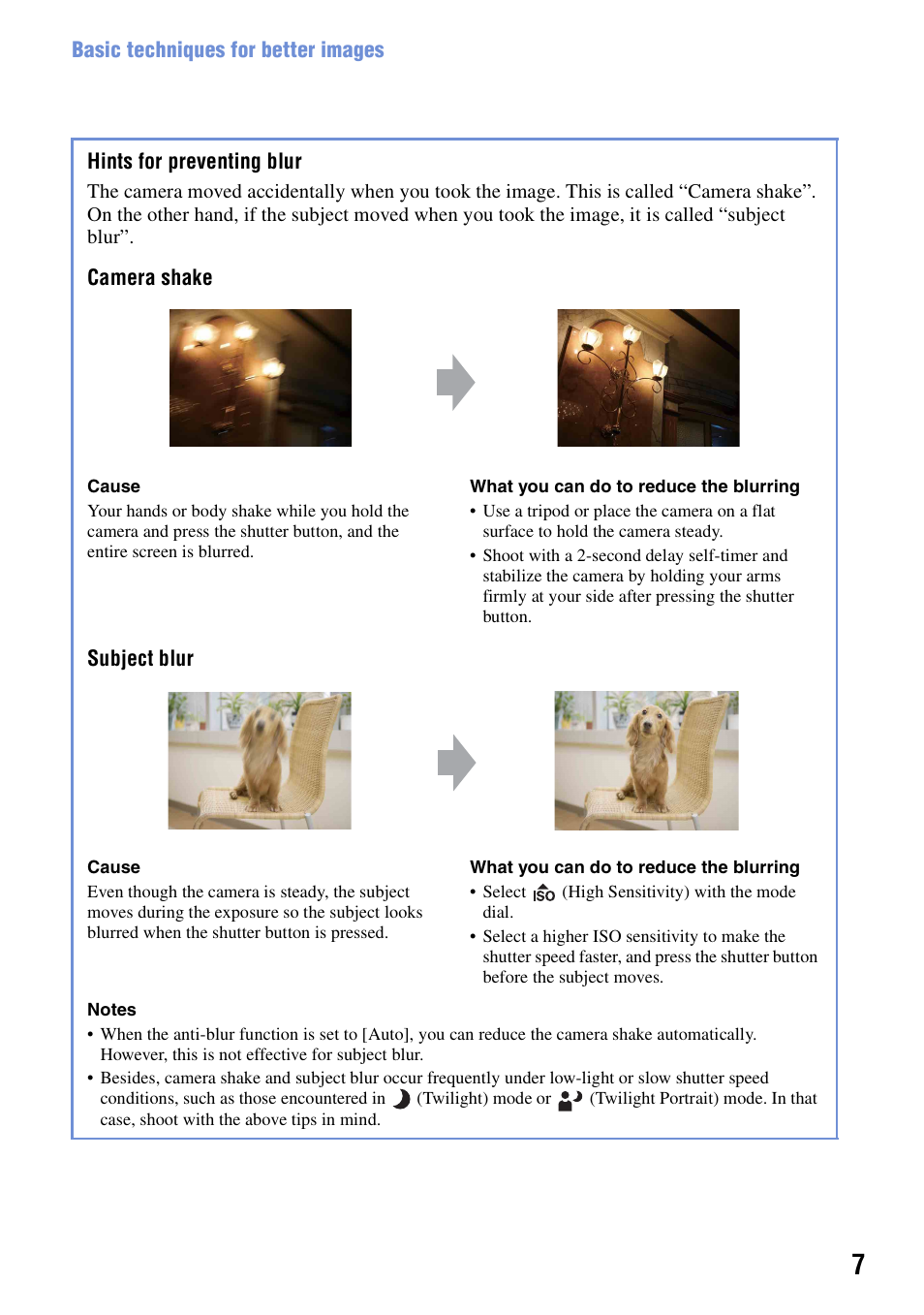Hints for preventing blur” on t | Sony Cyber-shot 4-121-439-11(1) User Manual | Page 7 / 107