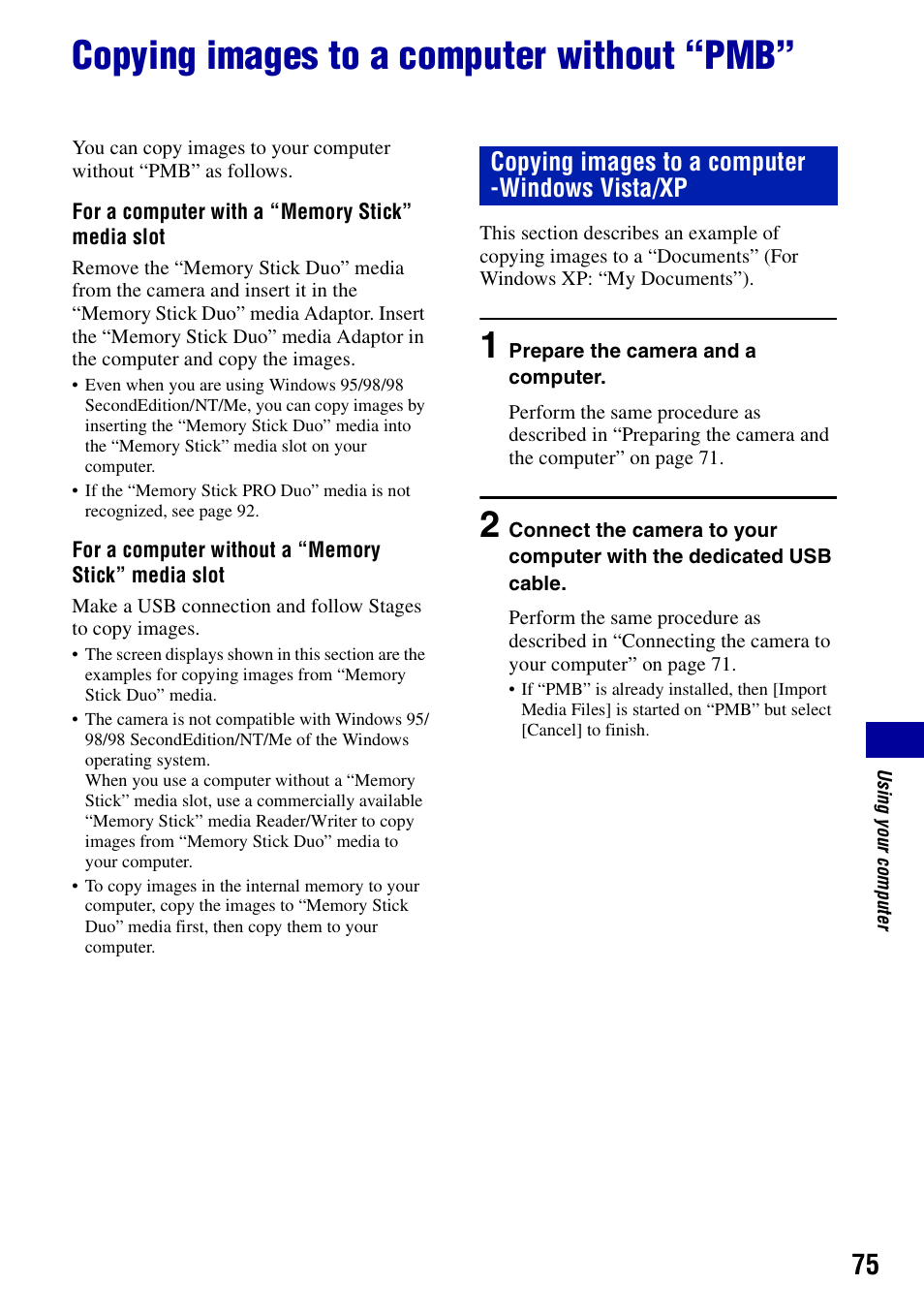 Copying images to a computer without “pmb, R 75, Copying images to a computer -windows vista/xp | Sony Cyber-shot 4-121-439-11(1) User Manual | Page 75 / 107