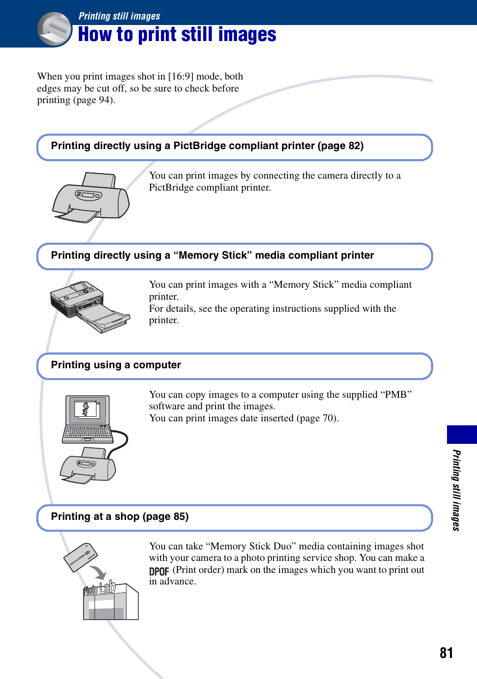 Printing still images, How to print still images | Sony Cyber-shot 4-121-439-11(1) User Manual | Page 81 / 107