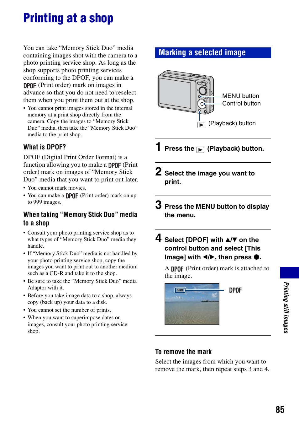 Printing at a shop, Marking a selected image | Sony Cyber-shot 4-121-439-11(1) User Manual | Page 85 / 107