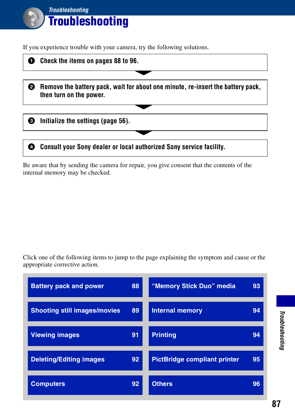 Troubleshooting | Sony Cyber-shot 4-121-439-11(1) User Manual | Page 87 / 107