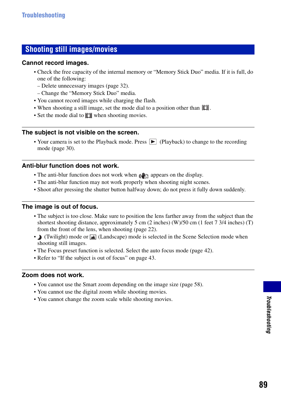Shooting still images/movies | Sony Cyber-shot 4-121-439-11(1) User Manual | Page 89 / 107