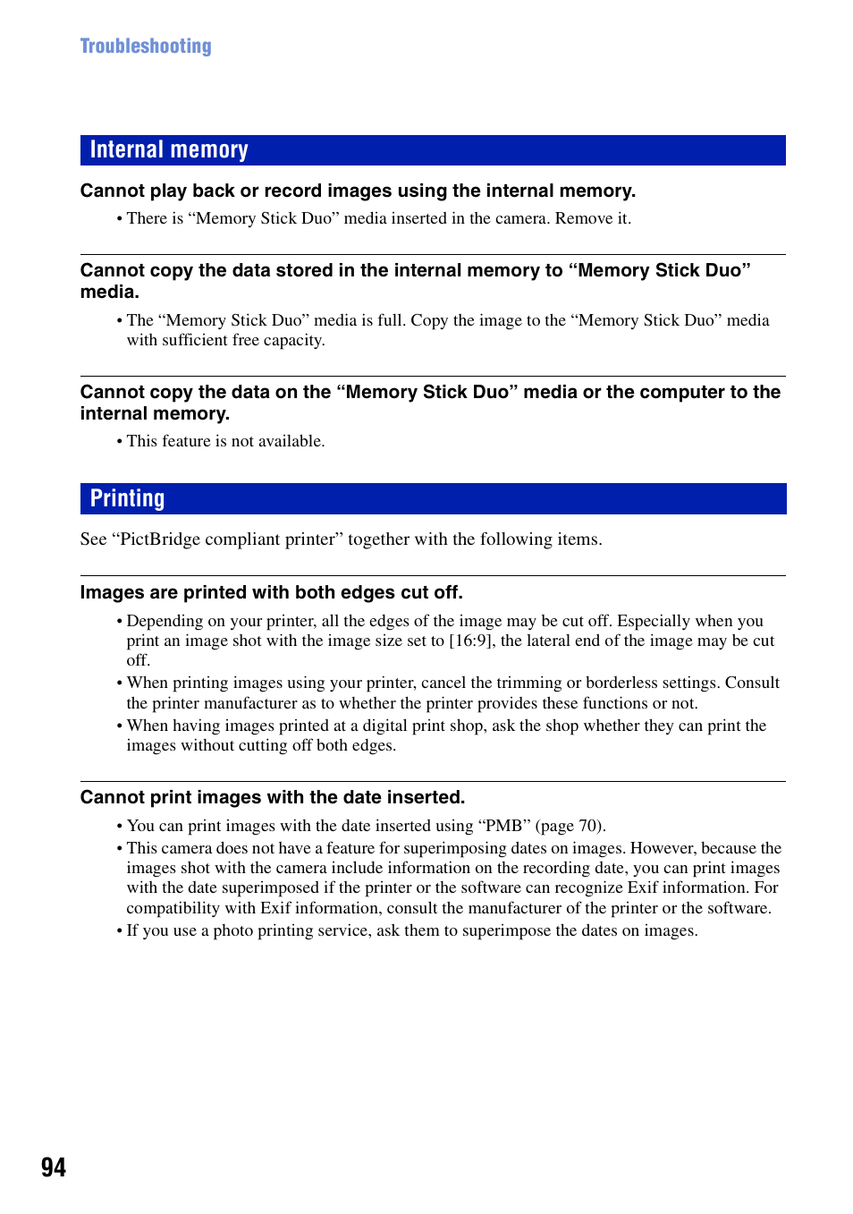 Internal memory, Printing | Sony Cyber-shot 4-121-439-11(1) User Manual | Page 94 / 107