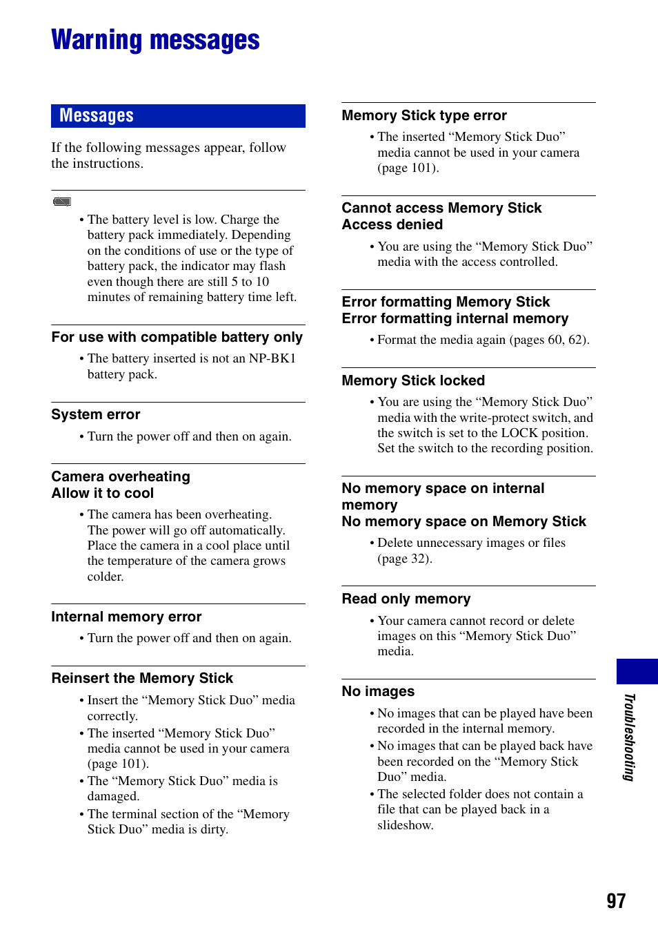 Warning messages, Ng (97), Messages | Sony Cyber-shot 4-121-439-11(1) User Manual | Page 97 / 107