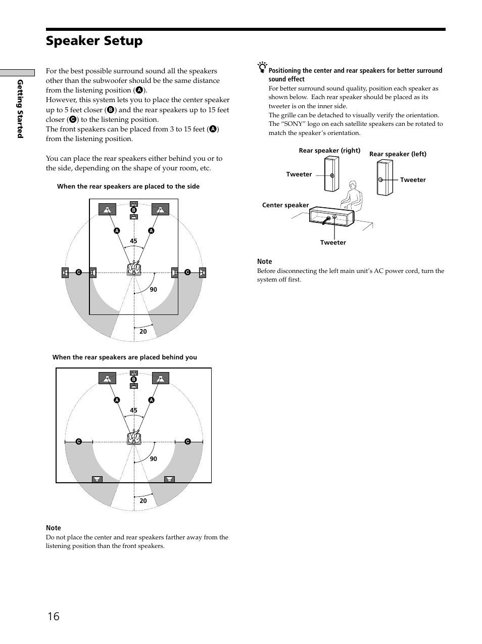 Speaker setup 16, Speaker setup | Sony SAVA-D900 User Manual | Page 16 / 80