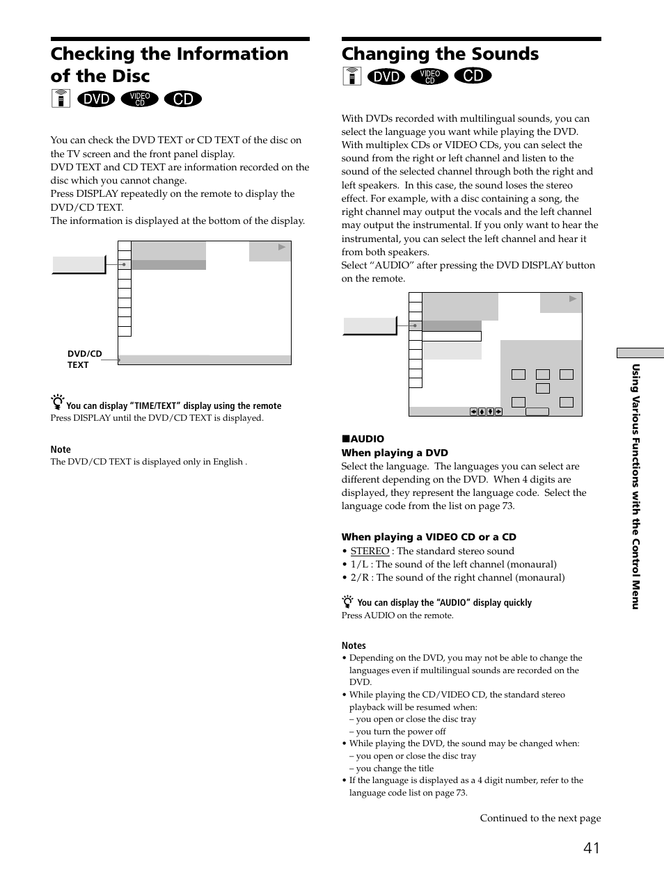 Checking the information of the disc 41, Changing the sounds 41, Checking the information of the disc z | Changing the sounds z | Sony SAVA-D900 User Manual | Page 41 / 80
