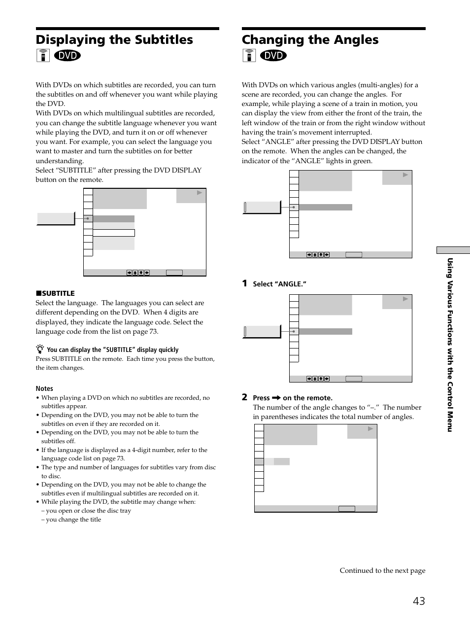Displaying the subtitles 43, Changing the angles 43, Displaying the subtitles z | Changing the angles z | Sony SAVA-D900 User Manual | Page 43 / 80