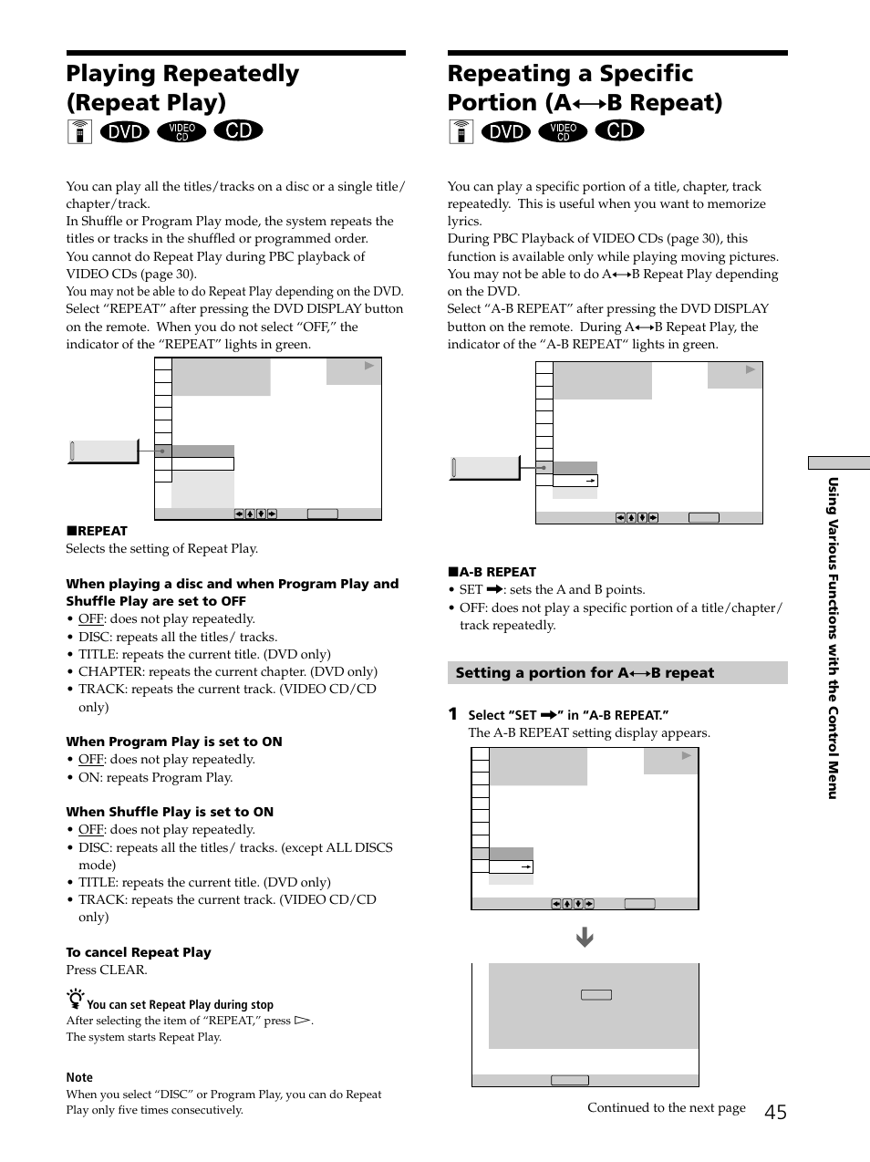Playing repeatedly (repeat play) 45, Repeating a specific portion (ayb repeat) 45, Repeating a specific portion (a y b repeat) z | Playing repeatedly (repeat play) z | Sony SAVA-D900 User Manual | Page 45 / 80