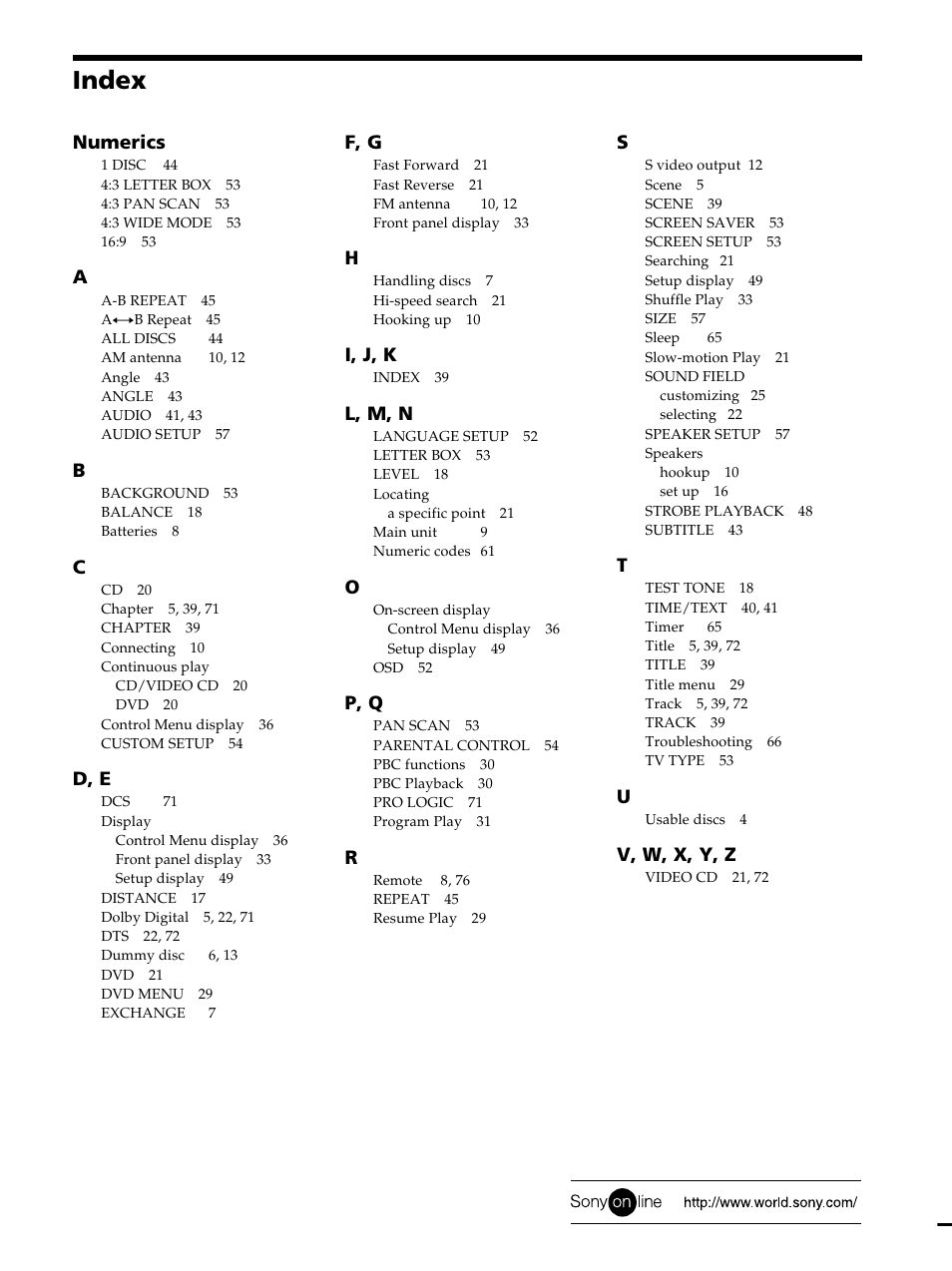 Index back cover, Index, Numerics | D, e, F, g, I, j, k, L, m, n, P, q, V, w, x, y, z | Sony SAVA-D900 User Manual | Page 80 / 80