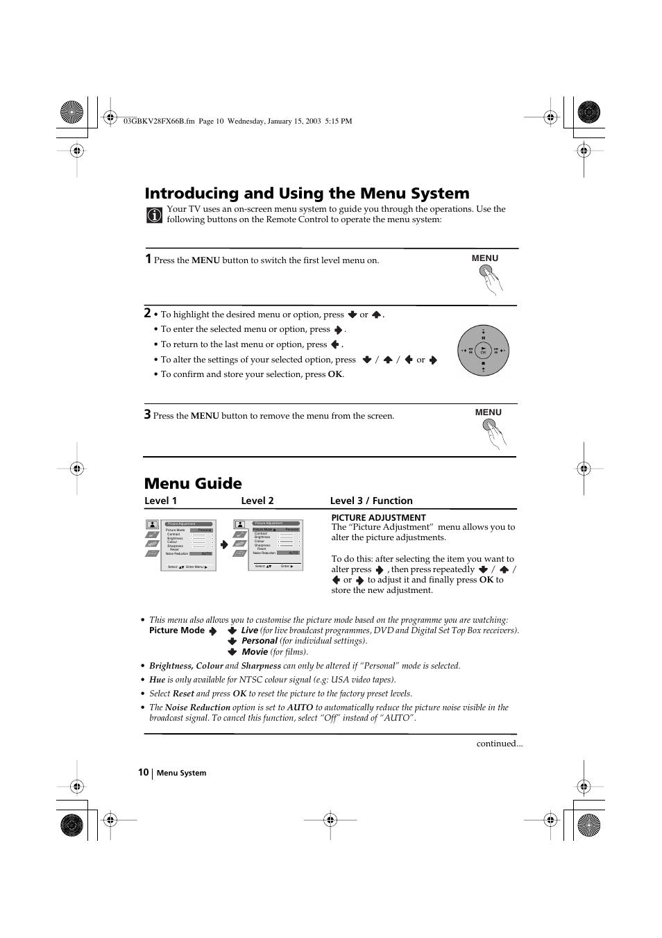 Introducing and using the menu system, Menu guide | Sony KV-28FX66B User Manual | Page 10 / 28