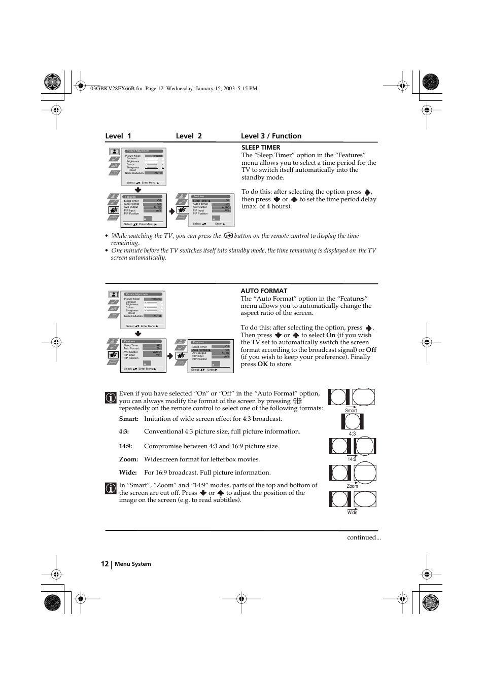 Level 1 level 2 level 3 / function | Sony KV-28FX66B User Manual | Page 12 / 28