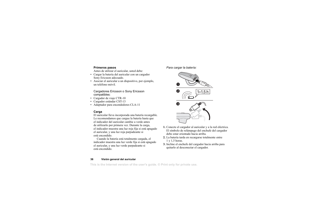 Primeros pasos, Carga | Sony HBH-65 User Manual | Page 36 / 95