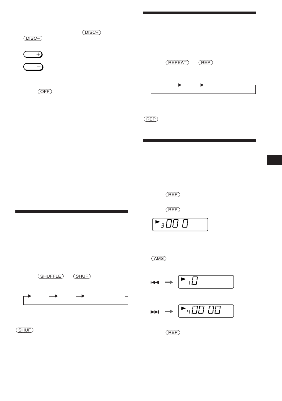 Playing tracks in random order, Playing tracks repeatedly, Changing the output level | Locating a specific disc — disc select, Stopping cd play, Listening to the radio or a tape, Shuffle play, Repeat play | Sony CDX-505RF User Manual | Page 7 / 28