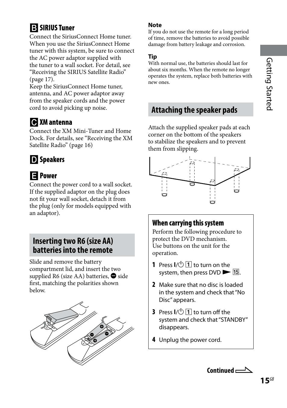Attaching the speaker pads, Getting s tar ted  sirius tuner, Xm antenna | Speakers  power, When carrying this system | Sony CMT-DH7BT User Manual | Page 15 / 92