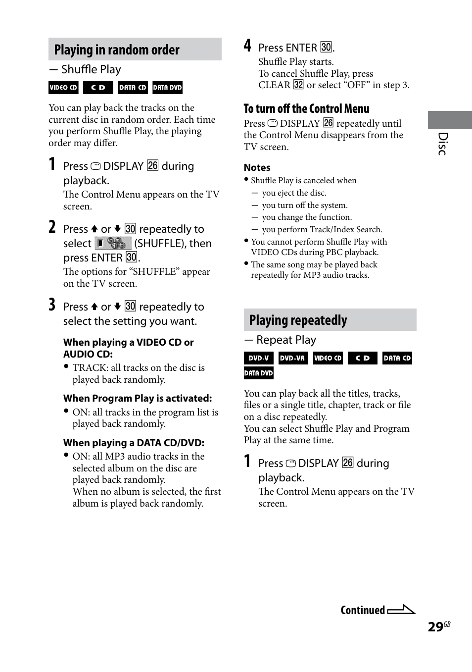 Playing in random order, Playing repeatedly, Disc | Sony CMT-DH7BT User Manual | Page 29 / 92