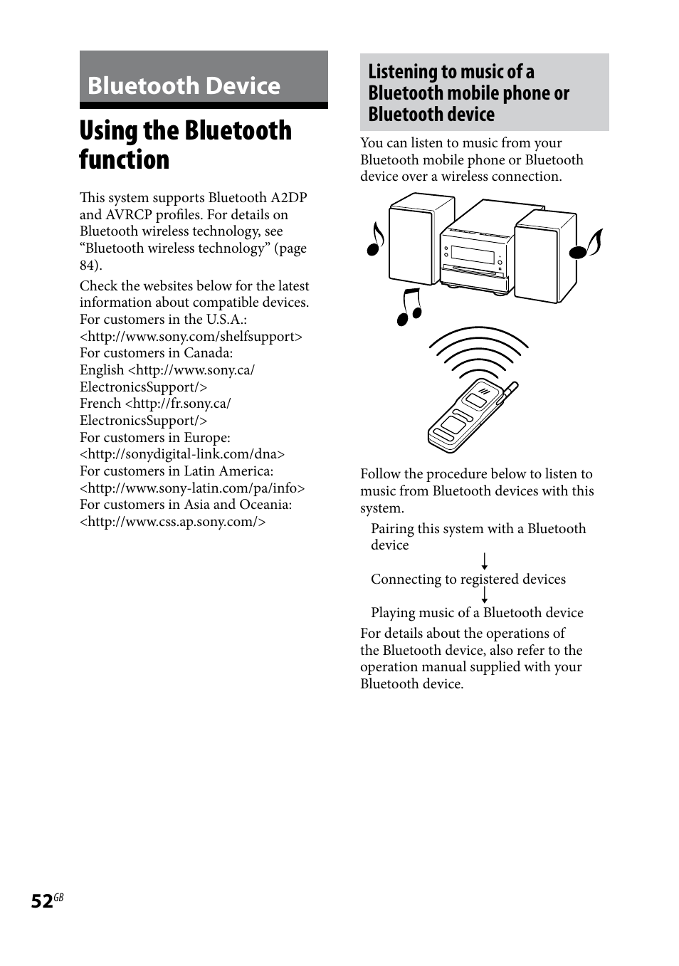 Bluetooth device, Using the bluetooth function | Sony CMT-DH7BT User Manual | Page 52 / 92