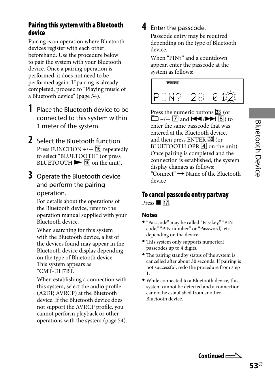 Bluet ooth d evic e, Pairing this system with a bluetooth device | Sony CMT-DH7BT User Manual | Page 53 / 92