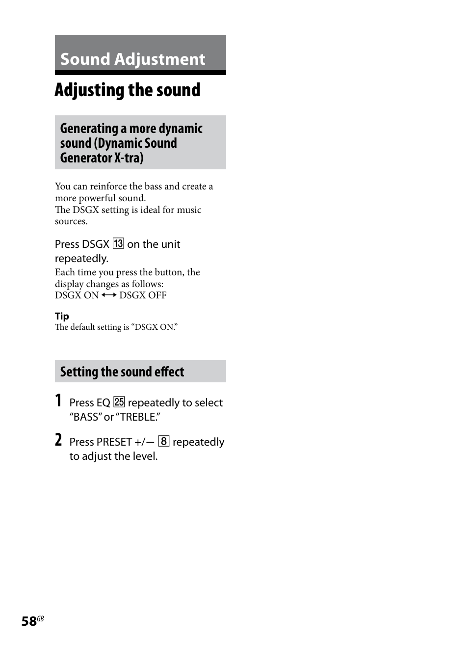 Sound adjustment, Adjusting the sound, Setting the sound effect | Sony CMT-DH7BT User Manual | Page 58 / 92