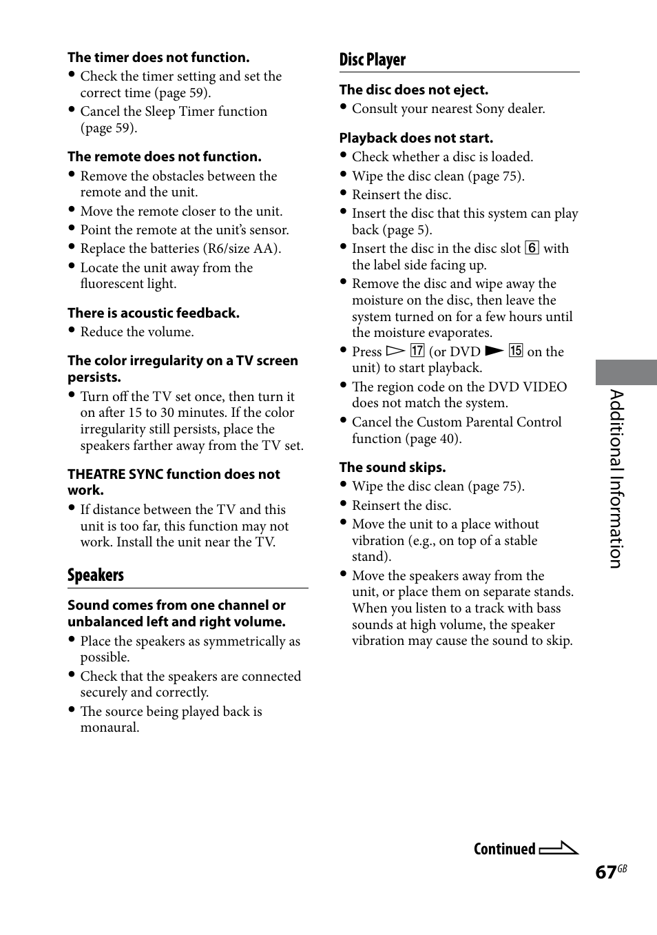 Additional i nf or ma tion, Speakers, Disc player | Sony CMT-DH7BT User Manual | Page 67 / 92