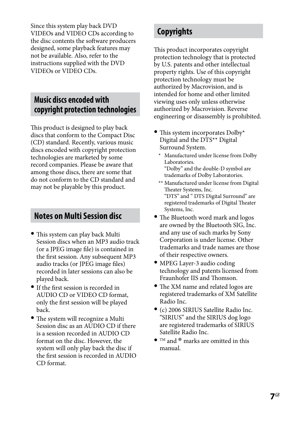Copyrights | Sony CMT-DH7BT User Manual | Page 7 / 92